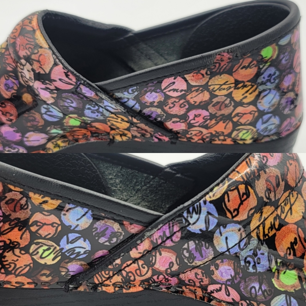 Dansko Viola Multicolor Dot/Cursive Slip On Nurse Clogs Women EU 40 US 9.5 - 10 - Picture 10 of 11